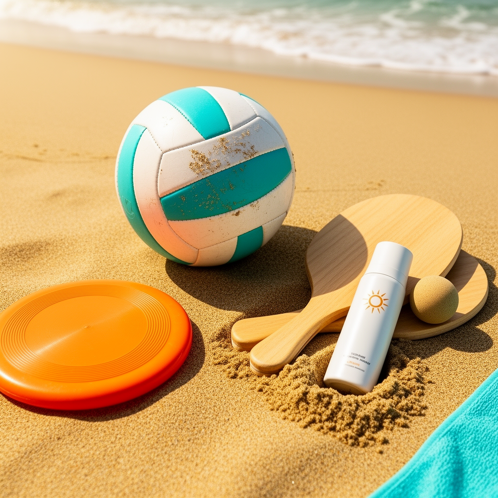 Beach volleyball, frisbees and paddles on sand
