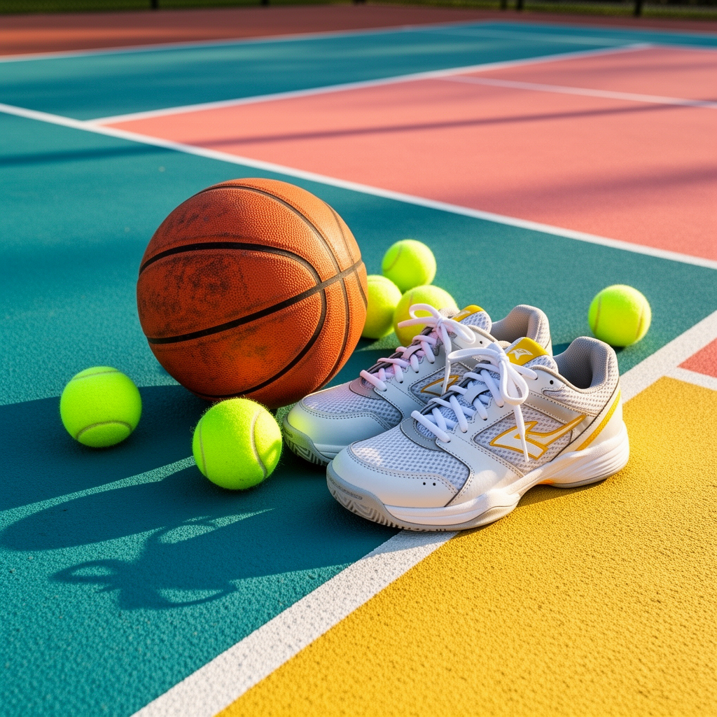 Basketball, tennis balls and court shoes on a colorful court