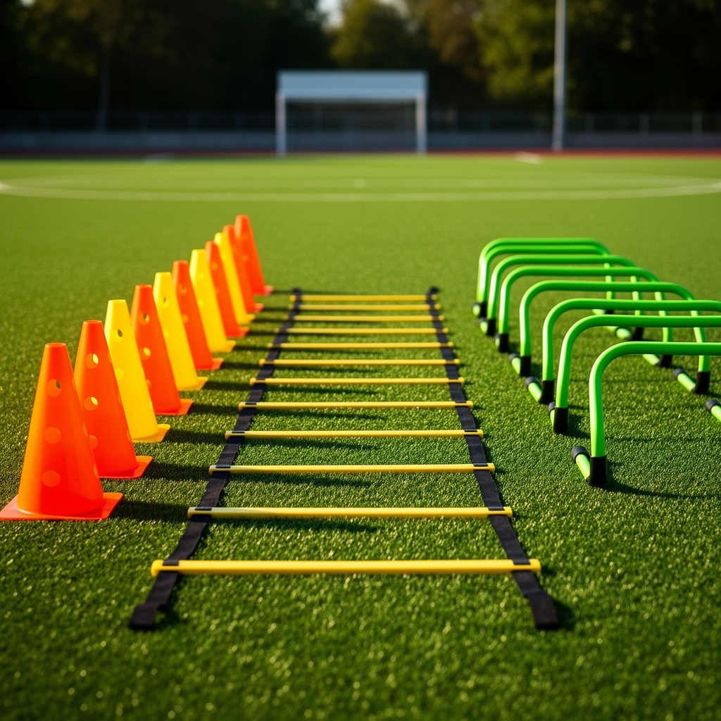 Football cones and agility equipment on a grass field