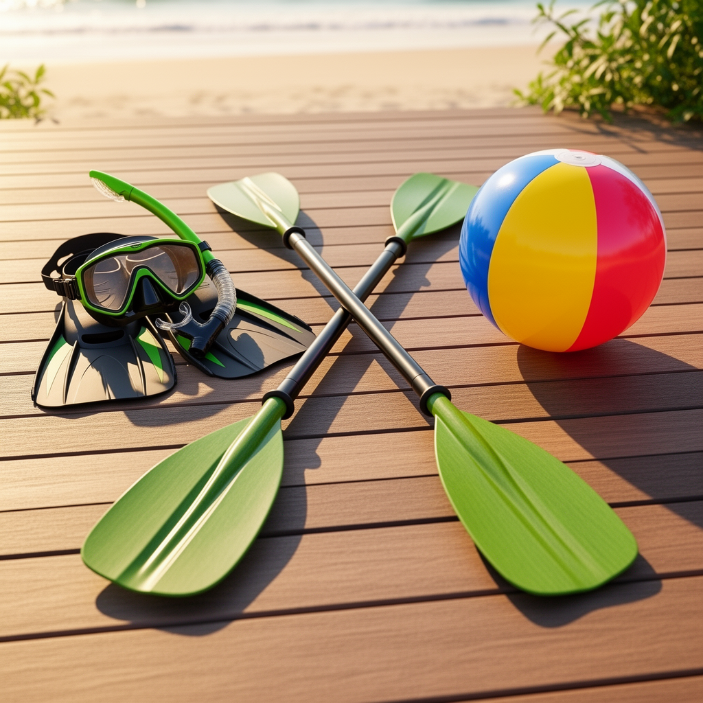 Resort activity gear with paddles, snorkel and beach ball