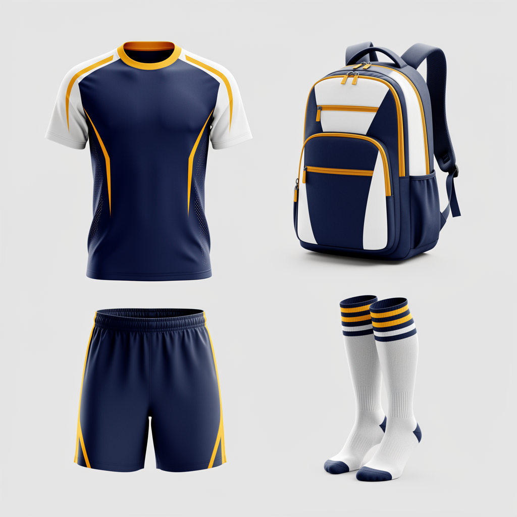 School sports kit with jersey, shorts and backpack