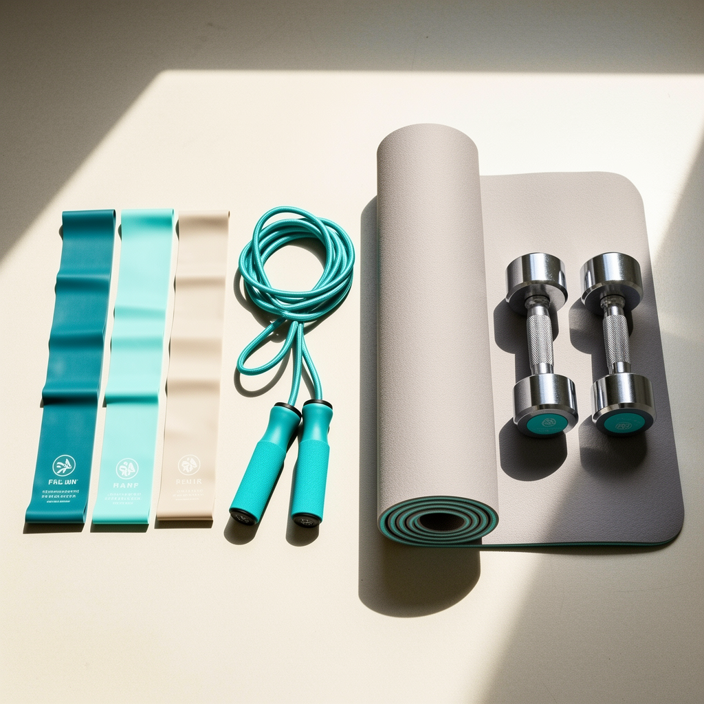 Resistance bands, jump ropes and training gear on a bright floor